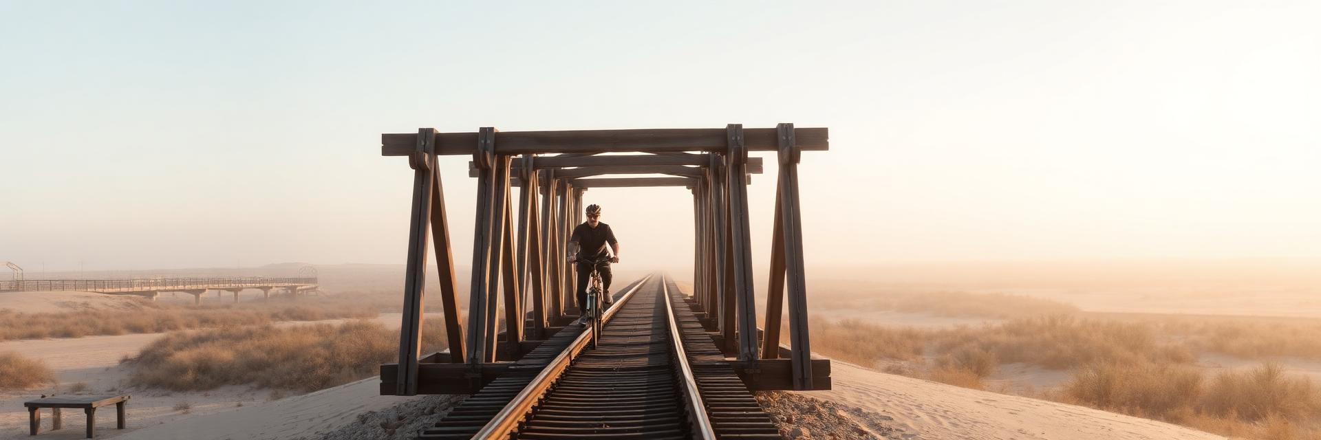 A cyclist crossing an old timber railway trestle bridge